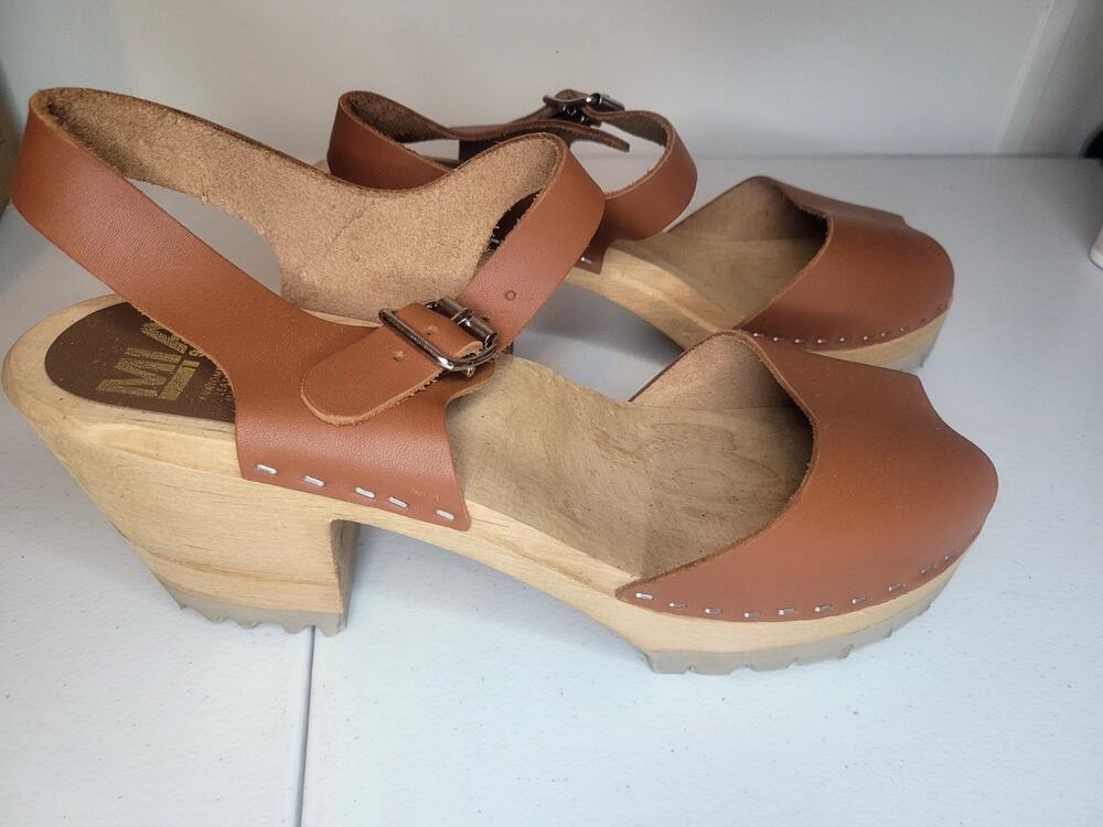Mia 1976 Swedish Greta Brown Leather Wooden Peep Toe Clogs Sandals, Women's 41